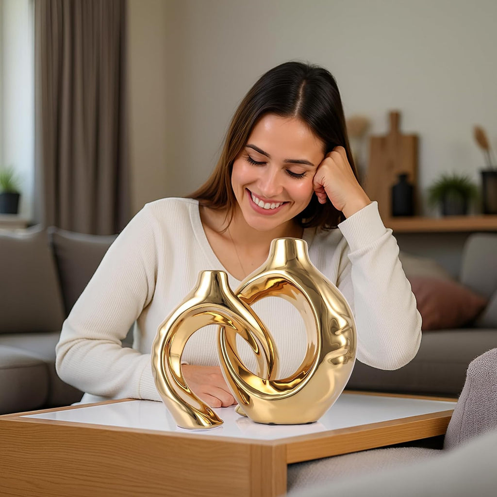LCCCK Gold Ceramic Vases for Home Decor, Boho Vase for Flowers Pampas Grass Decorative, Hollow Donut Small Vase for Living Room Table Wedding Centerpiece Modern Vases (Gold)