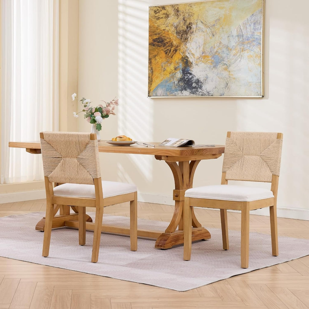 French Country Dining Chairs Set of 2, Beige Farmhouse Wood Dining Room Chairs, Woven Back Linen Upholstered Dining Chair, Solid Wood Legs, Boho Style Kitchen Chairs, Sillas de Comedor
