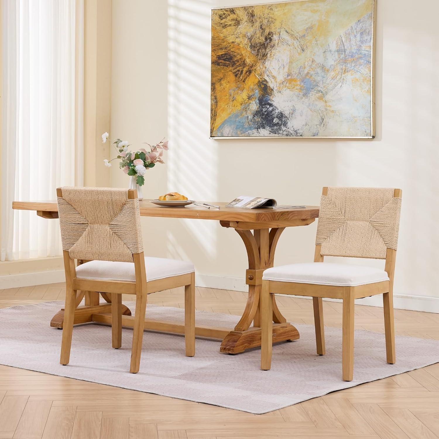 French Country Dining Chairs Set of 2, Beige Farmhouse Wood Dining Room Chairs, Woven Back Linen Upholstered Dining Chair, Solid Wood Legs, Boho Style Kitchen Chairs, Sillas de Comedor