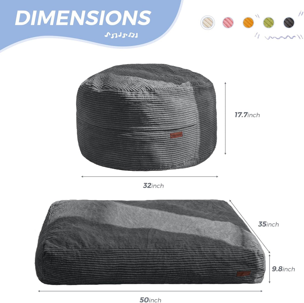 MAXYOYO Bean Bag Chair Bed for Kids, Convertible Bean Bag Folds from Lazy Chair to Floor Bed, Machine Washable Corded Fabric, Stuffed Floor Sofa Couch for Boys and Girls, Dark Grey