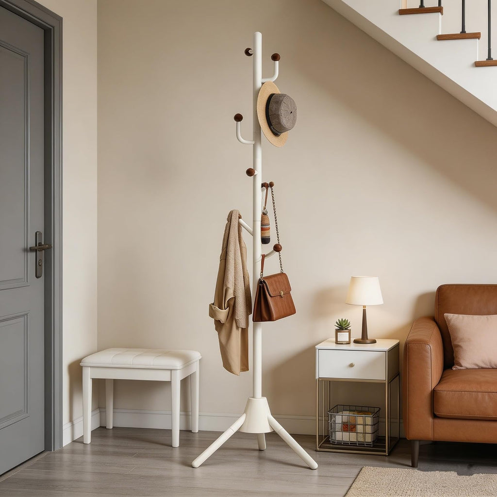 Heavy Duty Coat Rack, 8-Hook Freestanding Metal Clothes Tree Stand for Entryway, Hallway, Bedroom - Sturdy Triangle Base, Non-Tipping, Space Saving, White