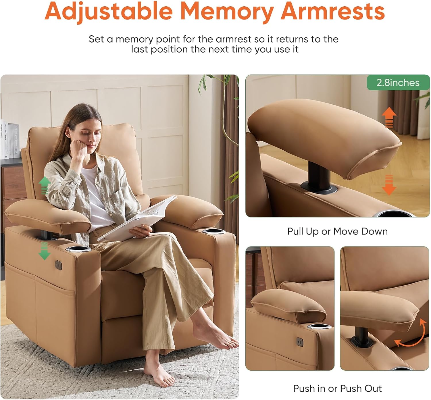 270° Swivel Rocker Recliner with Adjustable Armrests,Oversized Power Nursery Recliner with Heating and Massgae,Rocking Chair Nursery with One-Touch Reset,Double Cup Holder,Faux Leather,Brown