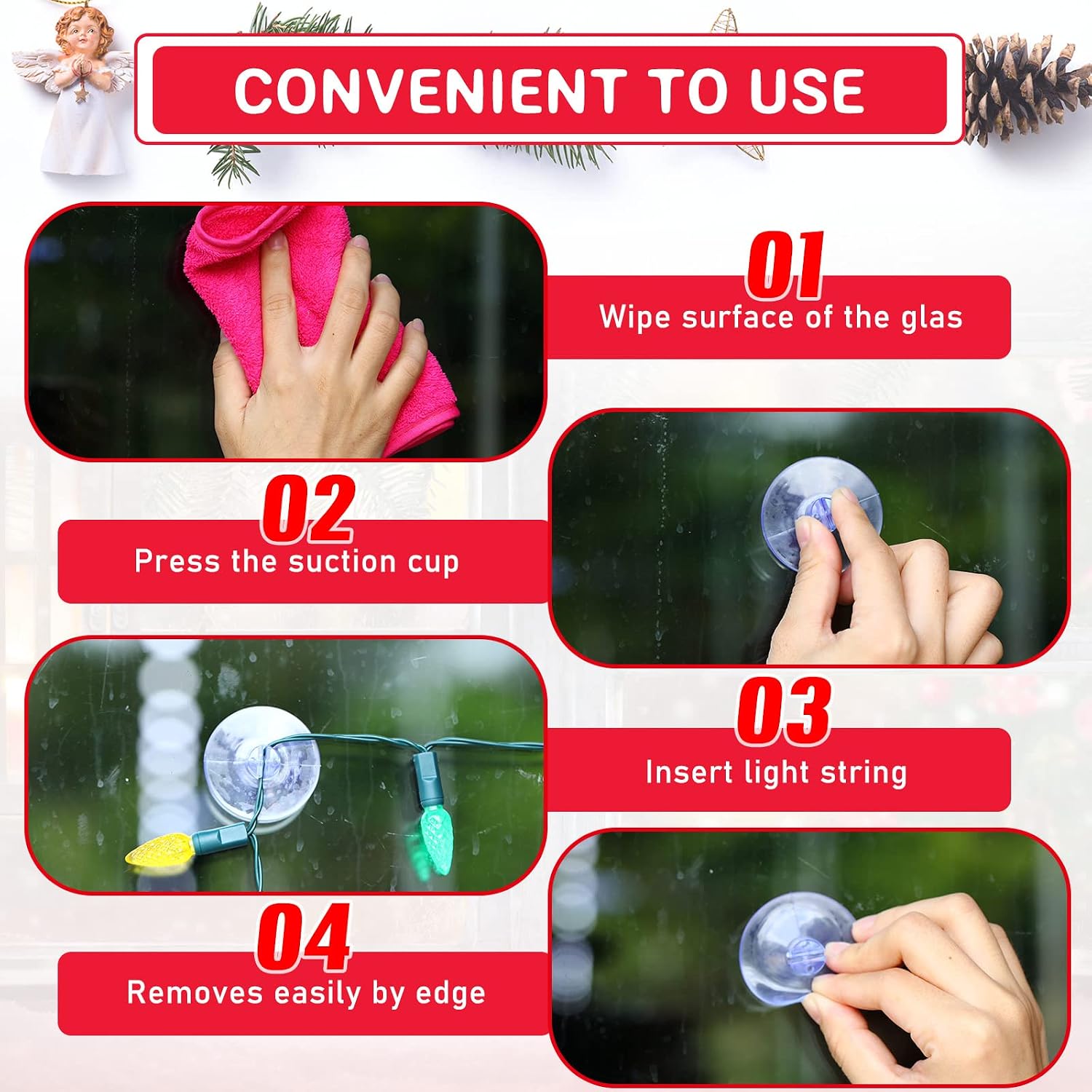 Sieral 50 Pieces Christmas Light Suction Cups Hooks for Glass Window Christmas Mini Suction Cup Clips Light String Heavy Duty Hooks Holder Plastic Shower Caddy Connectors for Xmas Kitchen Bathroom