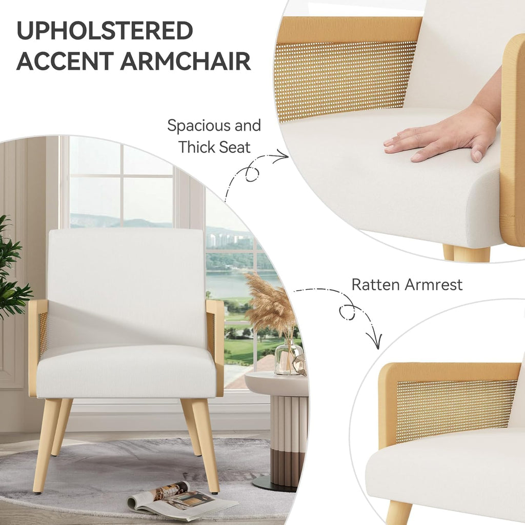 Nebuaegis Accent Chair with Rattan Arms, Living Room Chairs with Wood Legs, Modern Armchair for Bedroom, Lounge Chair Indoor for Reading Room Kitchen Beige