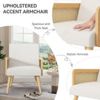 Nebuaegis Accent Chair with Rattan Arms, Living Room Chairs with Wood Legs, Modern Armchair for Bedroom, Lounge Chair Indoor for Reading Room Kitchen Beige