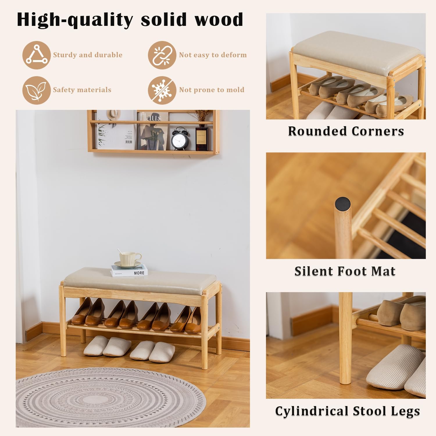 SOBIBO Entryway Shoe Bench with Cushioned Seat, 2-Tier Rubberwood Shoe Rack Storage Organizer for 8-12 Pairs, 31.5" Shoe Storage Bench (Beige & Natural Wood)