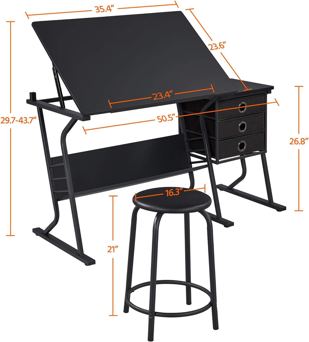 Yaheetech Drafting Table for Adults/Artists, Drawing Desk, Tabletop Adjustable Art/Craft Desk with Stool and 3 Slide Drawers, Sketching Painting Artwork Station for Art Studio Home Office School
