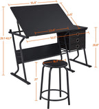 Yaheetech Drafting Table for Adults/Artists, Drawing Desk, Tabletop Adjustable Art/Craft Desk with Stool and 3 Slide Drawers, Sketching Painting Artwork Station for Art Studio Home Office School
