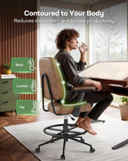 Marsail Ergonomic Drafting Chair for Standing Desk, 330lbs Heavy Duty Tall Office Chair with Adjustable Foot Ring & Flip-Up Arms, Comfort Brown Leather, 3.5" Thick Cushion