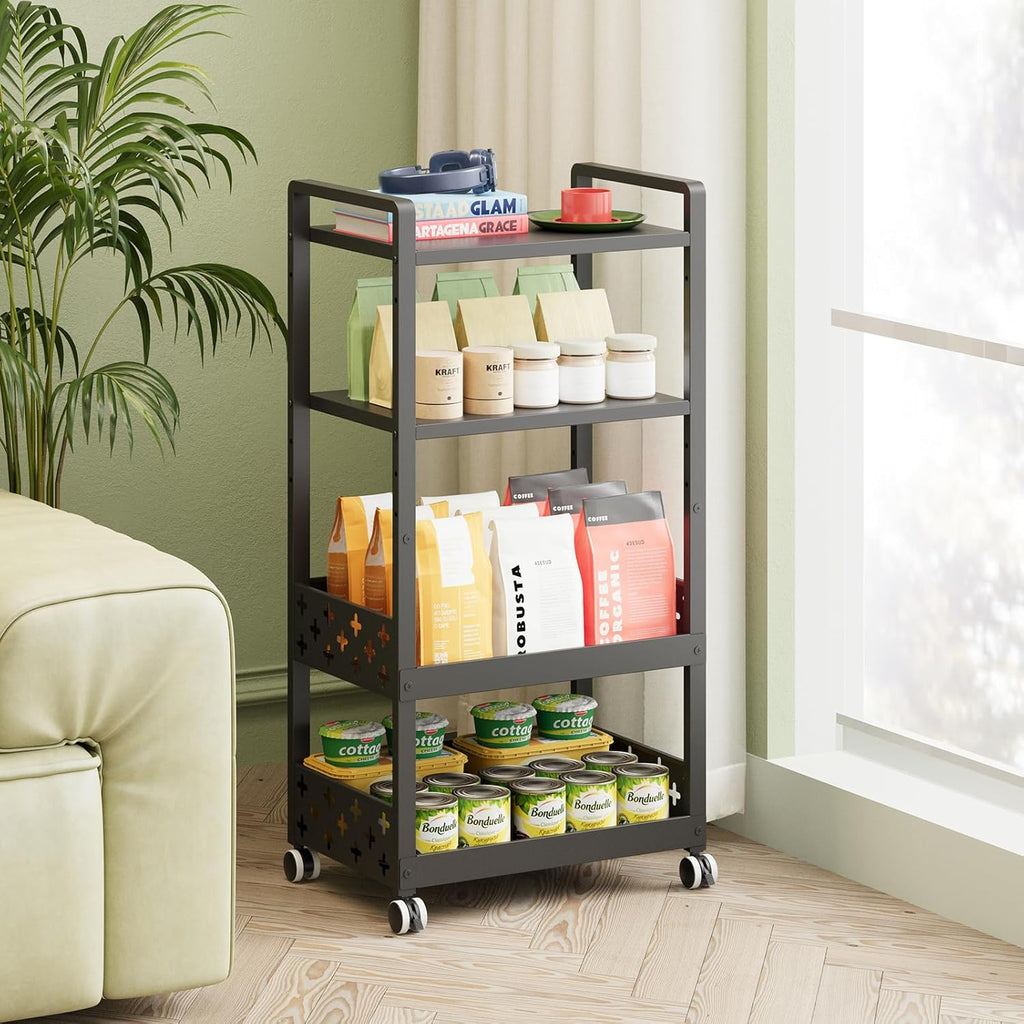 Adjustable 4 Tier Rolling Cart Metal Utility Carts with Lockable Wheels Rolling Storage Cart for Kitchen Bathroom Office Bar Microwave Laundry Snack Coffee Craft Organizer Black
