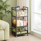 Adjustable 4 Tier Rolling Cart Metal Utility Carts with Lockable Wheels Rolling Storage Cart for Kitchen Bathroom Office Bar Microwave Laundry Snack Coffee Craft Organizer Black