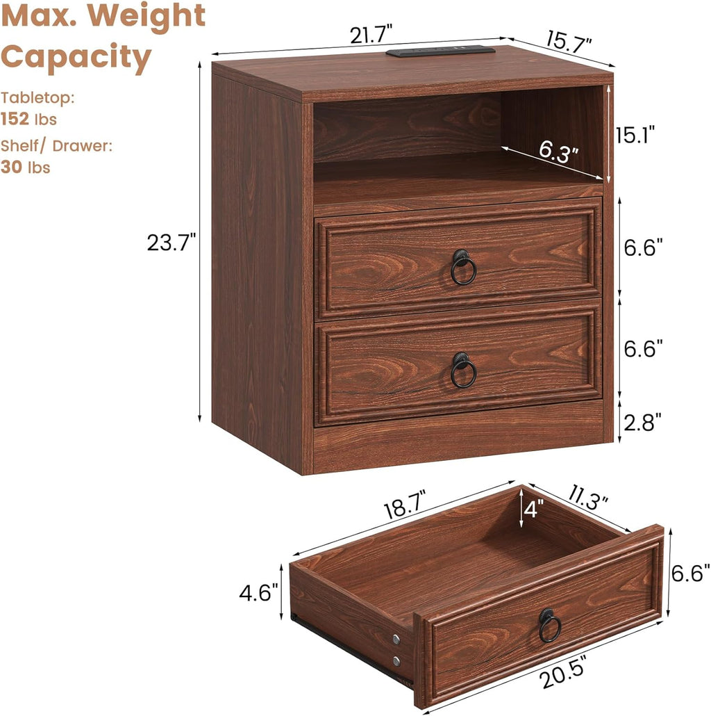 VVFLU Farmhouse Nightstand with Charging Station, 21.7" Wide End Table with 2 Drawers & Open Compartment, Cherry Wood Side Table, Bedside Table for Bedroom, Living Room, Sofa