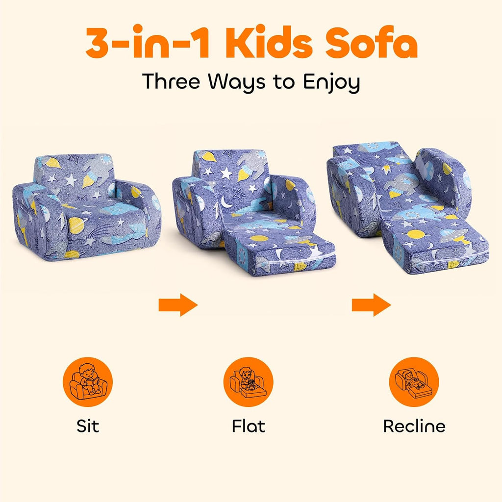 3-in-1 Kids Couch, Toddler Chair Comfy 1-3 Years Old, Kids Fold Out Couch with Blanket, Convertible Sofa to Lounger for Girls and Boys Reading, Playing, Napping - Blue
