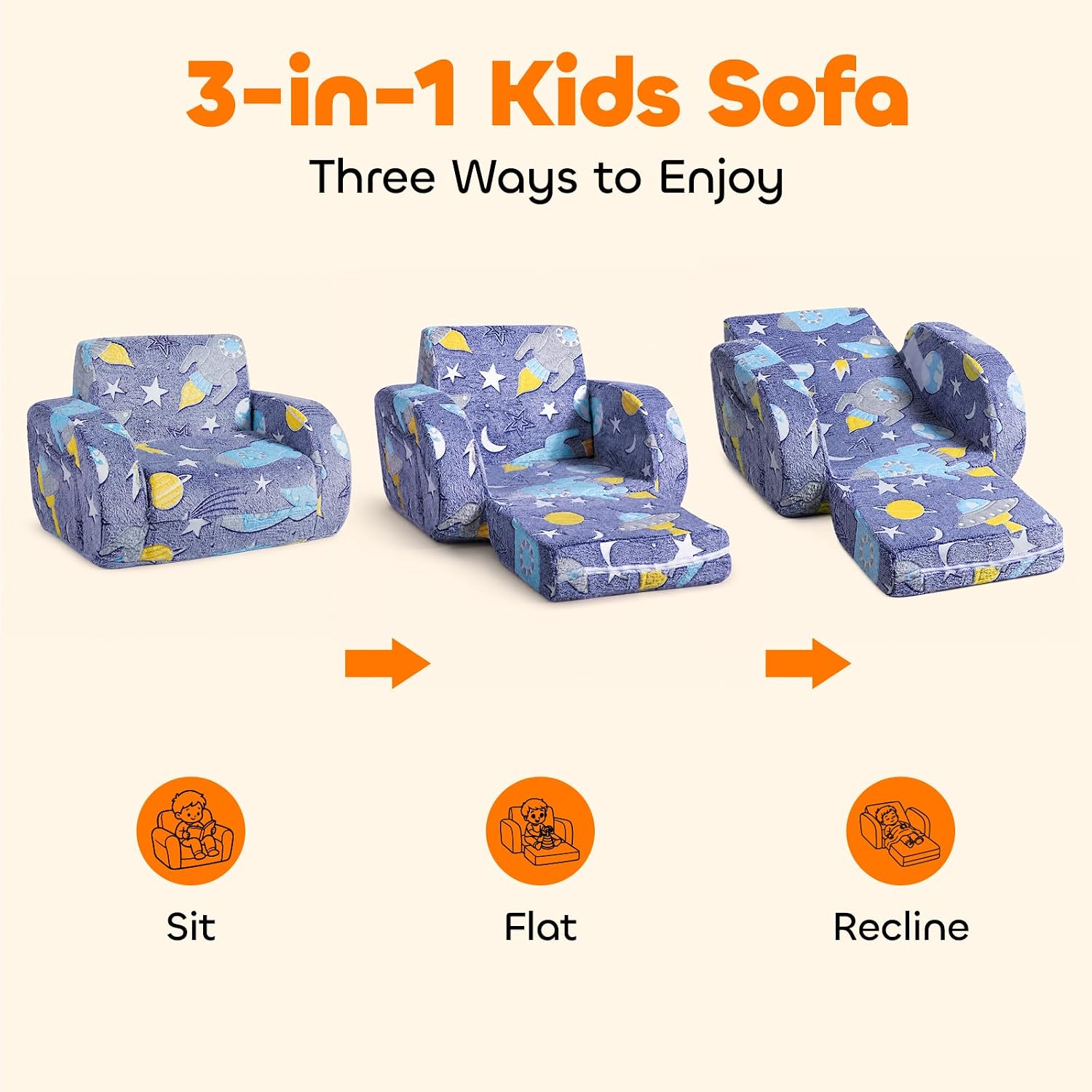 3-in-1 Kids Couch, Toddler Chair Comfy 1-3 Years Old, Kids Fold Out Couch with Blanket, Convertible Sofa to Lounger for Girls and Boys Reading, Playing, Napping - Blue
