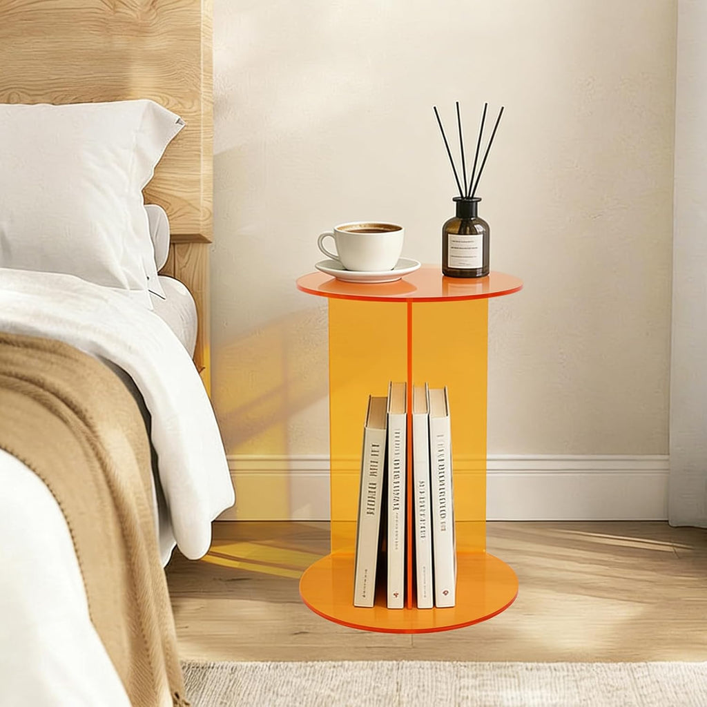 Acrylic Side Table, Modern Semicircle Clear End Table for Living Room Bedroom Small Coffee Table with Stable Base, Minimalist Nightstand for Small Spaces,Orange
