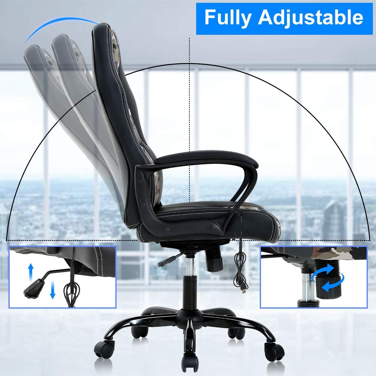 Office Chair Gaming Chair Desk Chair Ergonomic High Back Massage Computer Chair with Lumbar Support & Comfort Armrest PU Leather Rolling Task Racing PC Swivel Executive Chair for Men Women, Camo