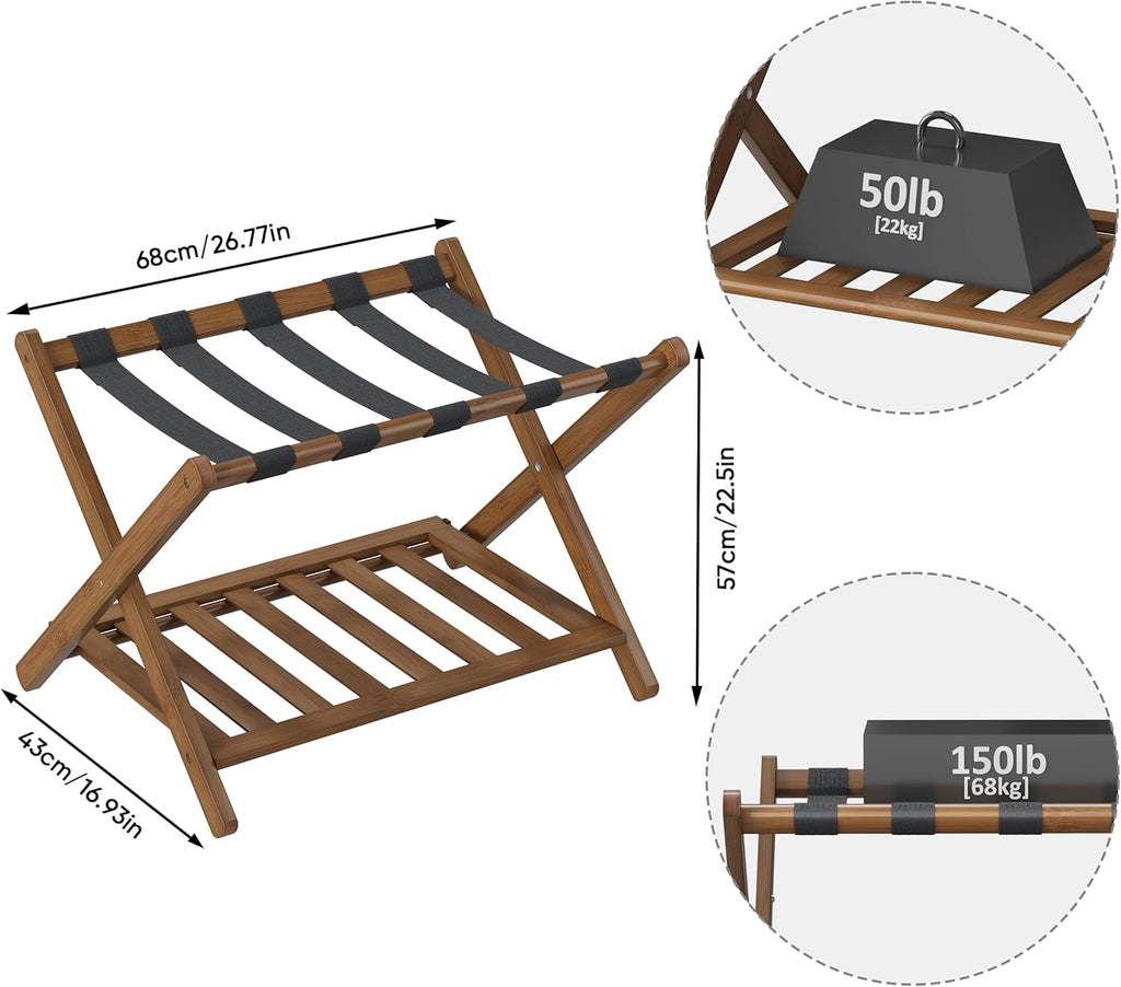 Smuxee Fully Assembled Black Walnut Luggage Rack, Upgraded Bamboo Foldable Suitcase Stand with 5 Nylon Straps, Luggage Holder with Shelf for Guest Room Bedroom Hotel