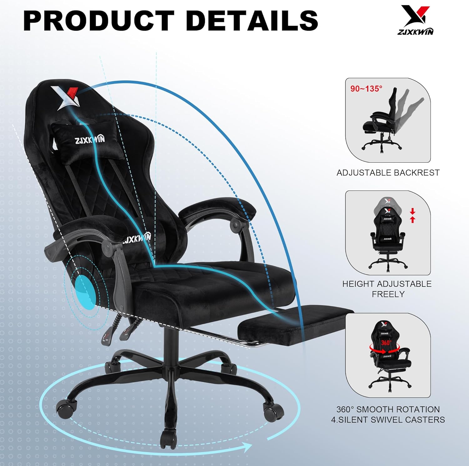Velvet Gaming Chair, Ergonomic High Back Racing Chair with Footrest, Spring Wide Cushion, Adjustable Headrest & Lumbar Support, 90-135° Recline, 360° Swivel, 300lbs for Home Office, Black