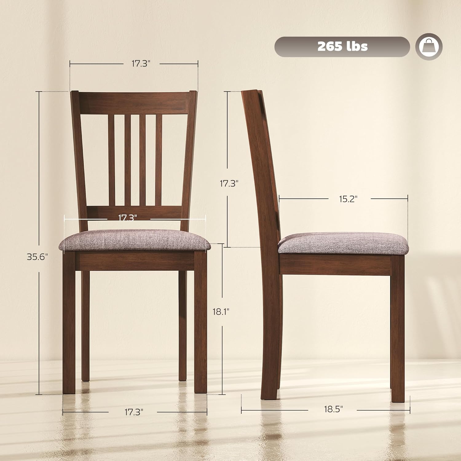 HOMCOM Dining Chairs Set of 2, Upholstered Kitchen Chairs with Rubberwood Frame, Padded Seat and Slat-Back for Living Room, Dining Room, Kitchen, Walnut
