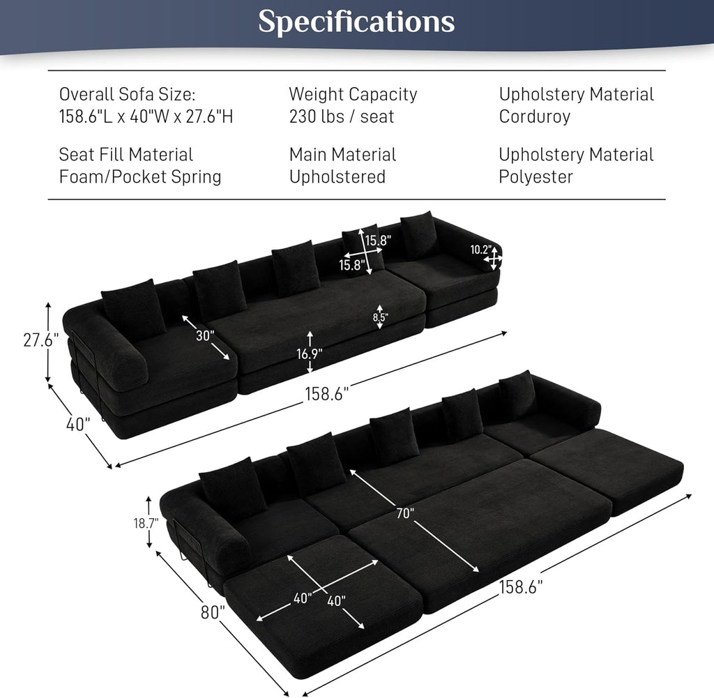 DAMAIFROM Convertible Sleeper Sofa Bed with Cylindrical Pillow,Corduroy Folding Mattress Couch with Fixed-Shape Frame,Modular Floor Sofa Lounge Couch for Living Room Bedroom Lounge,158.6",Black