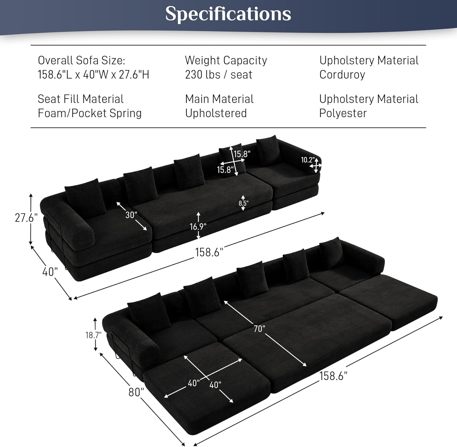 DAMAIFROM Convertible Sleeper Sofa Bed with Cylindrical Pillow,Corduroy Folding Mattress Couch with Fixed-Shape Frame,Modular Floor Sofa Lounge Couch for Living Room Bedroom Lounge,158.6",Black