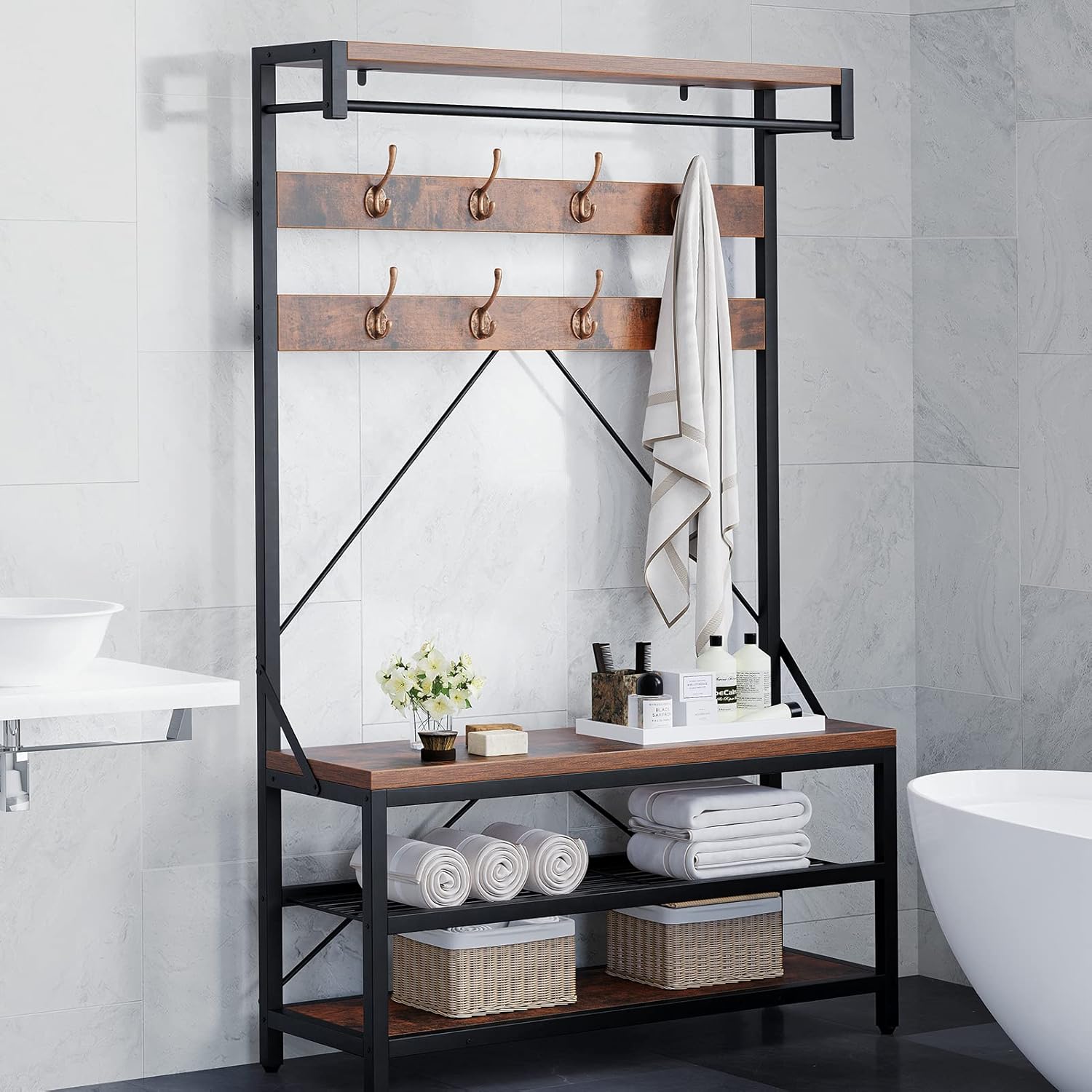 Amyove Large Coat Rack Shoe Bench Hall Tree Shoe Rack for Entryway 3-Tier Storage Shelf and Hooks Removable Industrial Accent Furniture Metal Frame 39.9"x15.7"x72"