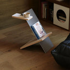 Modern Bauhaus Style Side Table, 201 Stainless Steel, Z-Shape Magazine Rack with Wood Shelves, Minimalist Sofa End Table for Couch Dinner Coffee Drink Table TV Snack Tray, 19.5 x 15.7 x 11.8 Inches