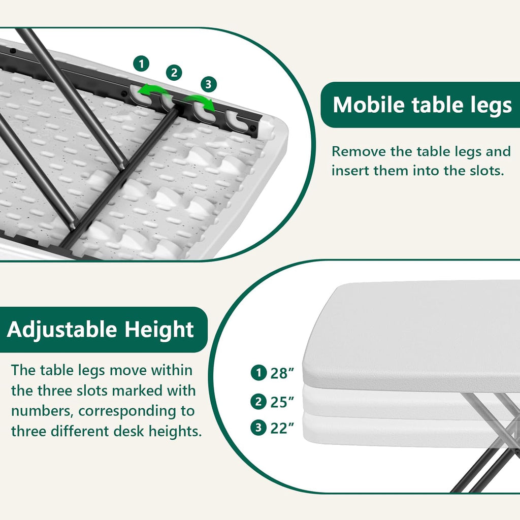 Folding Table 30 Inch - Small Desk Adjustable Height TV Tray for Laptop, Couch, Camping - Heavy Duty Utility Foldable Table for Small Spaces, No Assembly Required,Plastic White Granite