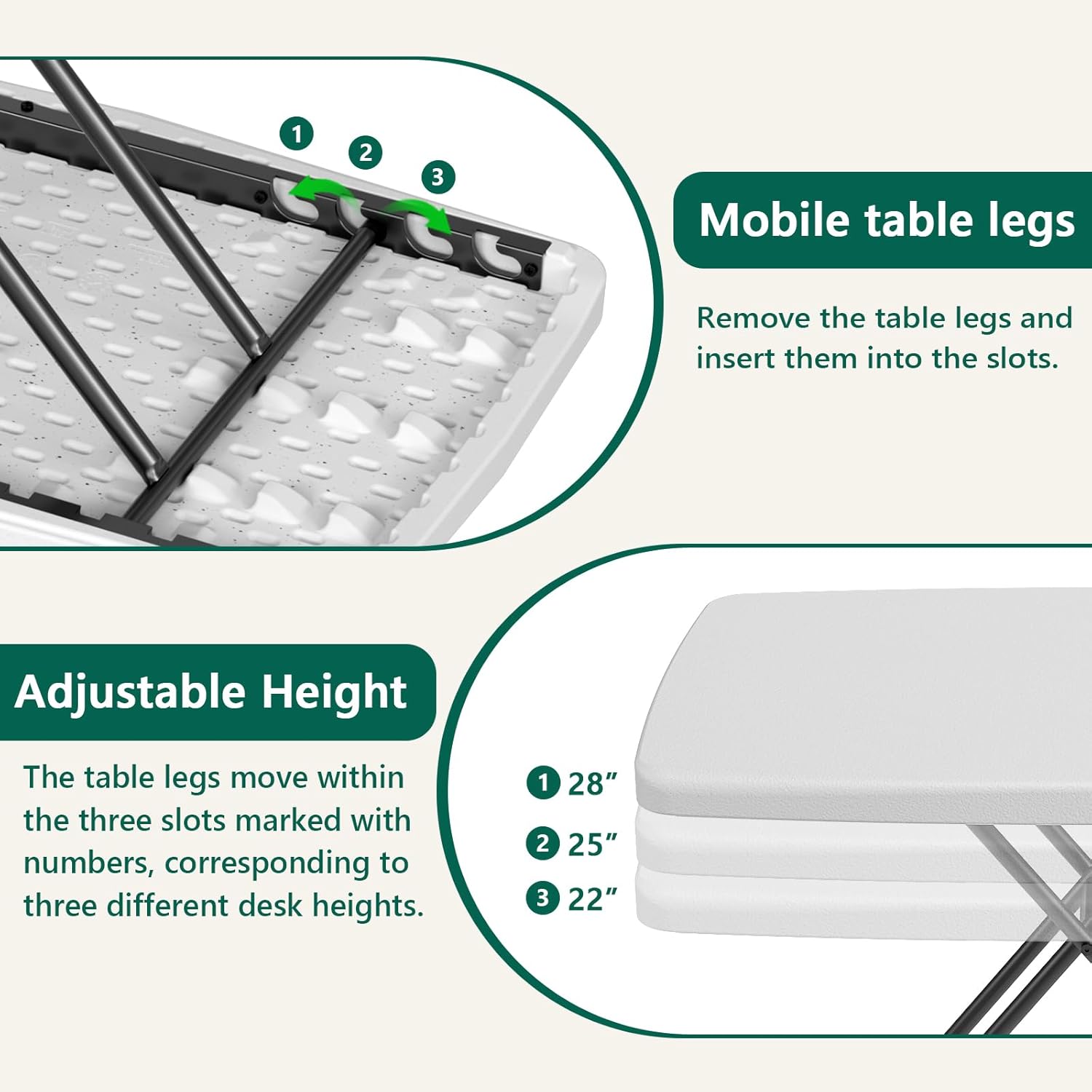 Folding Table 30 Inch - Small Desk Adjustable Height TV Tray for Laptop, Couch, Camping - Heavy Duty Utility Foldable Table for Small Spaces, No Assembly Required,Plastic White Granite