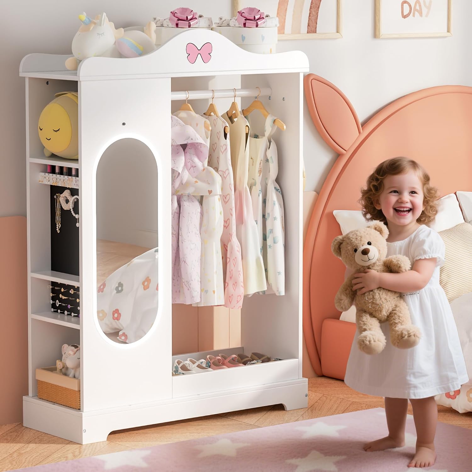 Kids Armoire with Jewelry Cabinet, Kids Dress Up Storage wth Shelves, Girls Wardrode Costume Organizer with Mirror, Children Closet with Armoire (White)