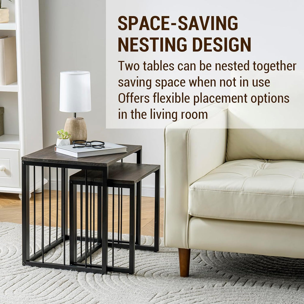 MyGift Nesting End Tables, Rectangular Coffee Tables, Set of 2 Stacking Living Room Side Table with Rustic Burnt Solid Wood Tops and Modern Black Metal Frame