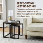 MyGift Nesting End Tables, Rectangular Coffee Tables, Set of 2 Stacking Living Room Side Table with Rustic Burnt Solid Wood Tops and Modern Black Metal Frame
