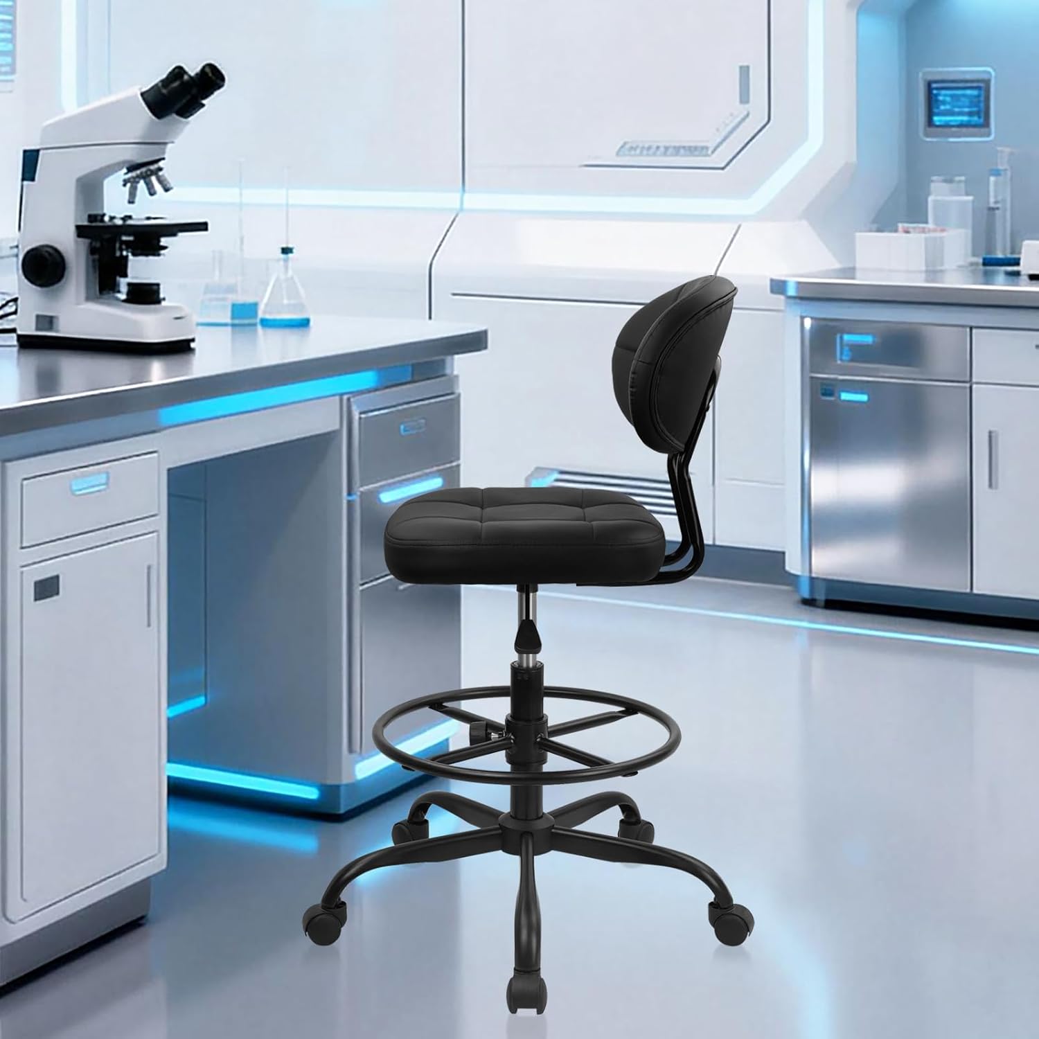 KLASIKA Drafting Stool with Backrest, Tall Adjustable Height Office Chair, PU Leather Swivel Rolling Stool with Footrest & Wheels for Standing Desk, Bar, Salon, Spa, Lab, Counter, Home, Black，1PK