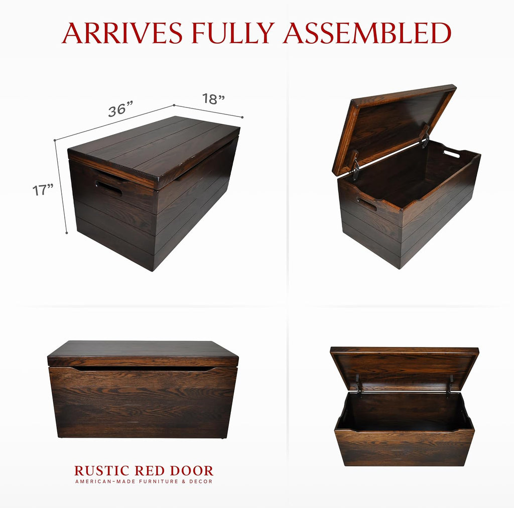 Amish Made Wooden Storage Chest Trunk Box with Lid and Handles for Bedroom, Blanket, Clothes, Anti-Slam Hinges, Handmade, Rustic, Oak Wood, Asbury Stain, 36"
