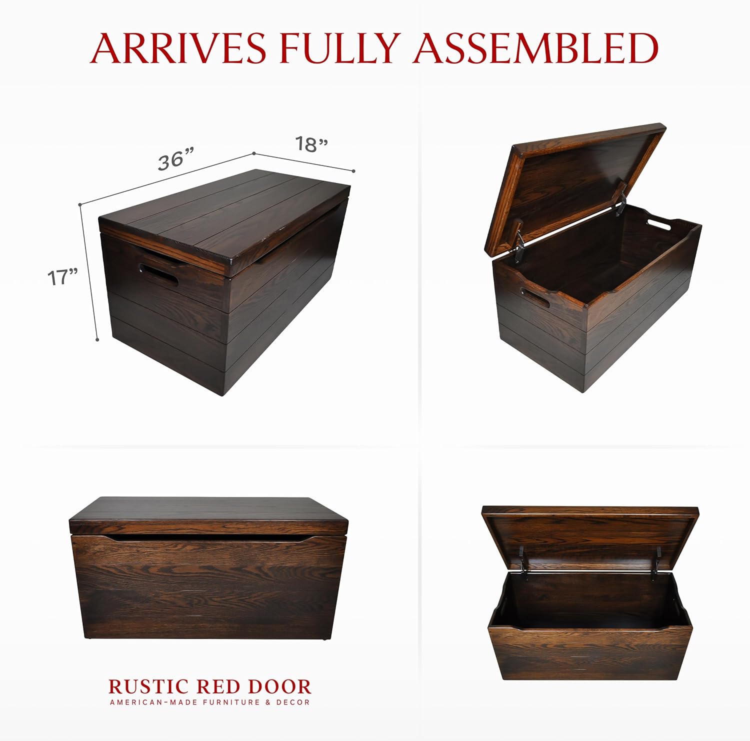 Amish Made Wooden Storage Chest Trunk Box with Lid and Handles for Bedroom, Blanket, Clothes, Anti-Slam Hinges, Handmade, Rustic, Oak Wood, Asbury Stain, 36"