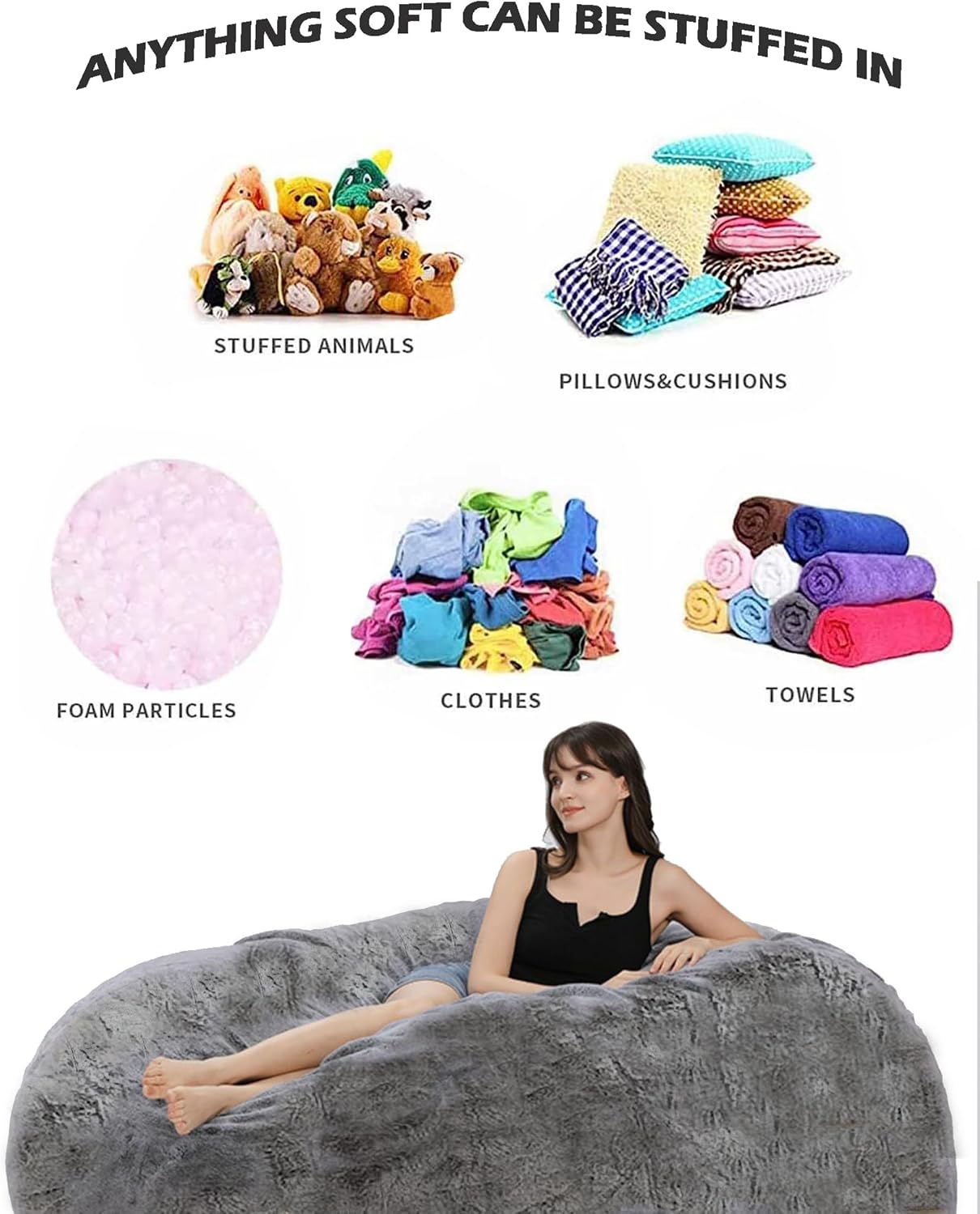 HDMLDP Bean Bag Chair Cover for Adults Kids Comfy Fluffy Giant Round Beanbag Cover Floor Chair Cover for Stuffed Animals Storage, 7FT, Black