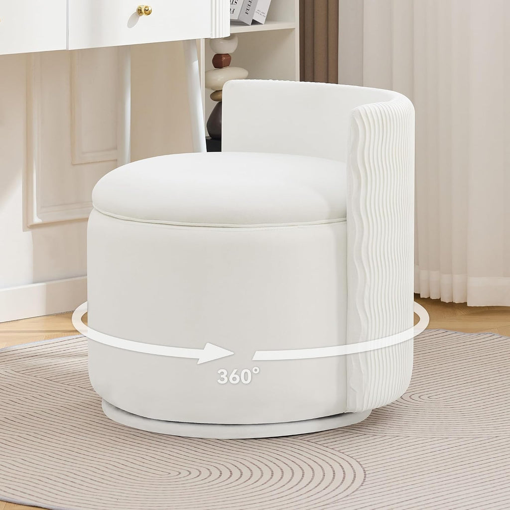 WUTUTUEE Large Velvet Vanity Chair with Storage, 360° Swivel Makeup Chair with Wave Back, No Assembly Small Accent Stool for Bedroom, Dressing, Living Room, White