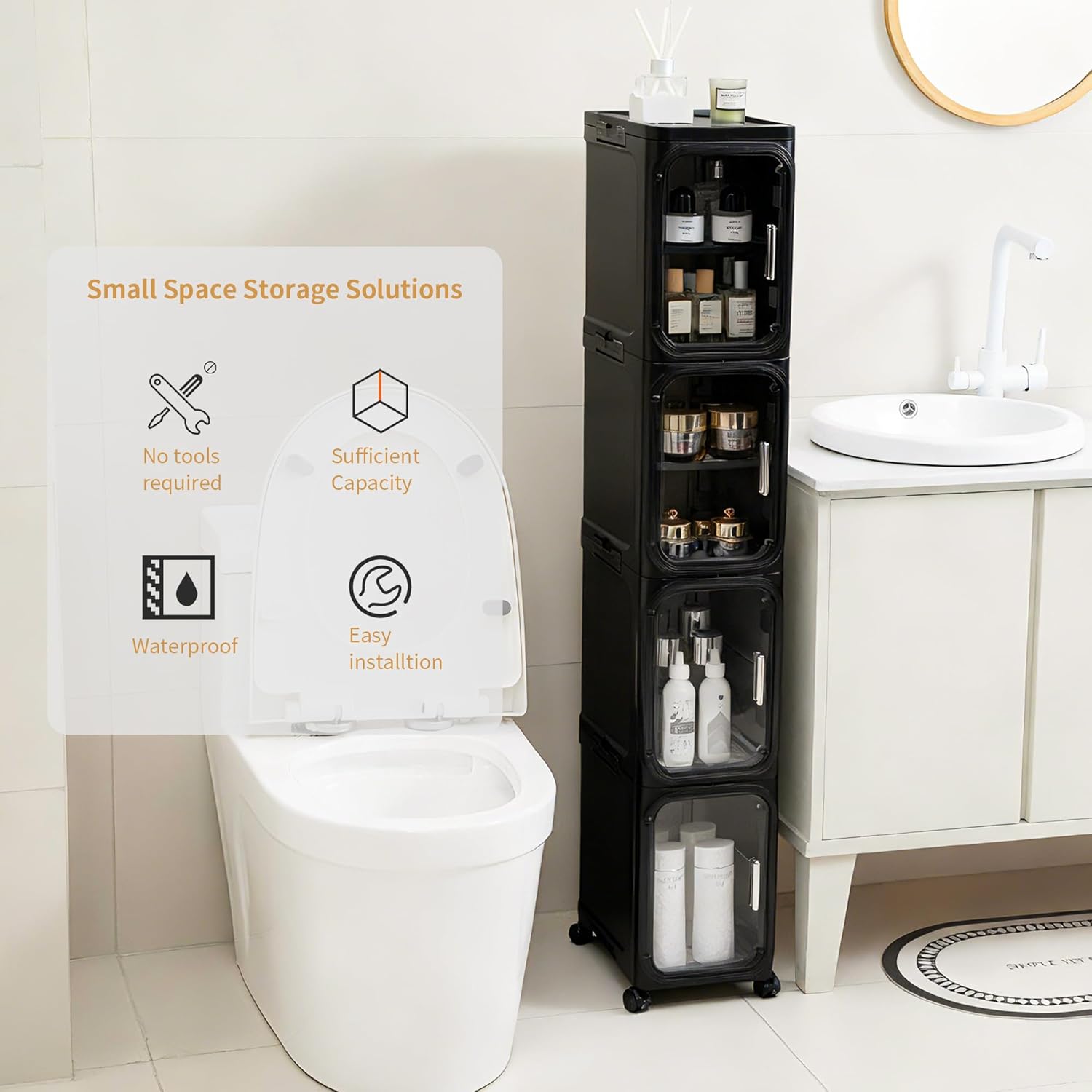 5-Tier Tall Narrow Slim Bathroom Storage Cabinet, Black | Tool Free Assembly, Adjustable shelves, Fits for Narrow Spaces, Lockable Wheels, Magnetic Clear Door
