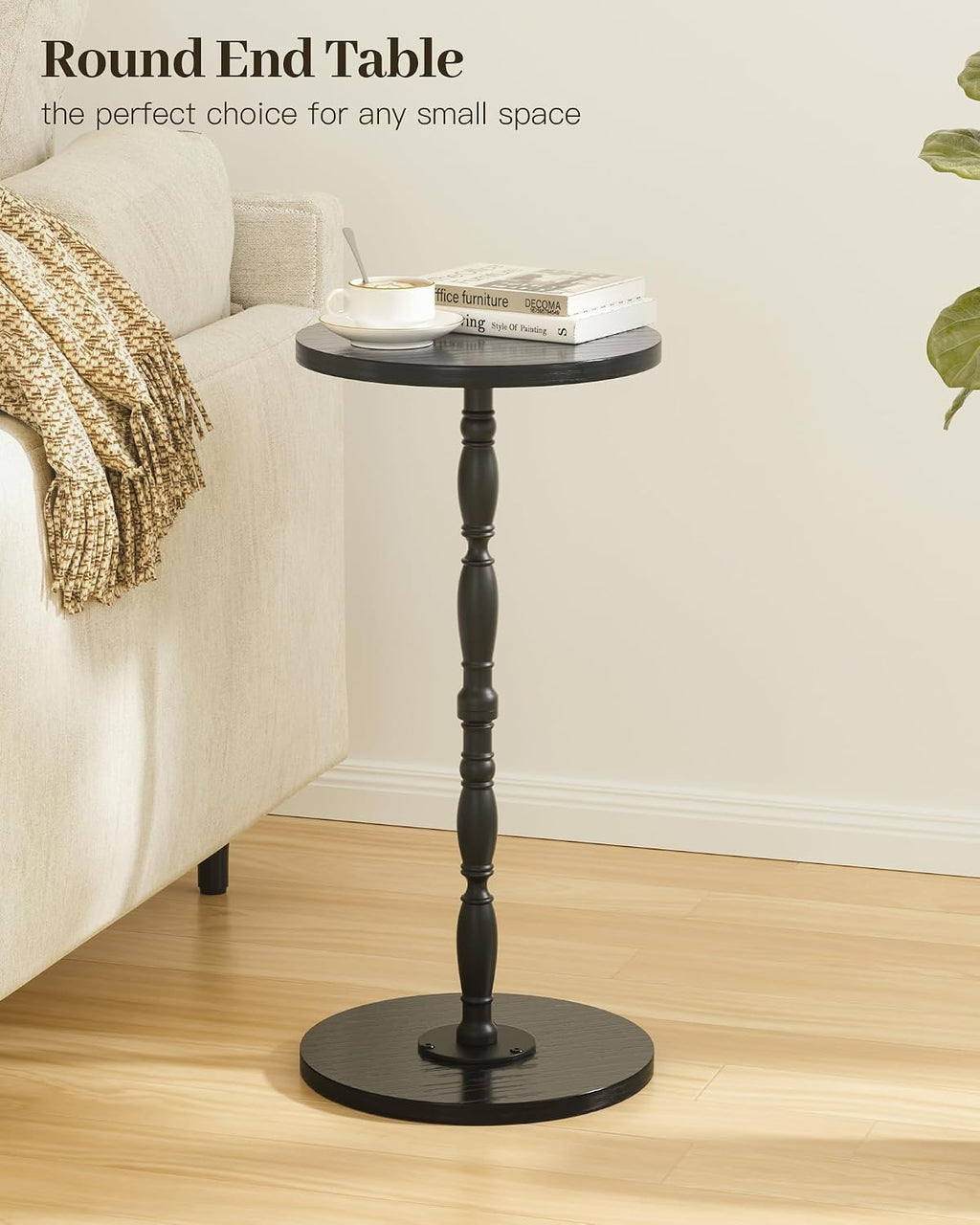 Round Side Table, Drink Table for Small Spaces, Vintage Accent Side Table, Pedestal End Tables for Bedroom, Living Room, Sofa Couch and Corners, Black