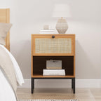 XIAO WEI Natural Rattan Nightstand Set of 2, Boho Night Stand with Drawer and Open Shelf, Bedside Table Accent Cane End Table Side Table for Bedroom Living Room, Metal Legs/Small/Light Brown