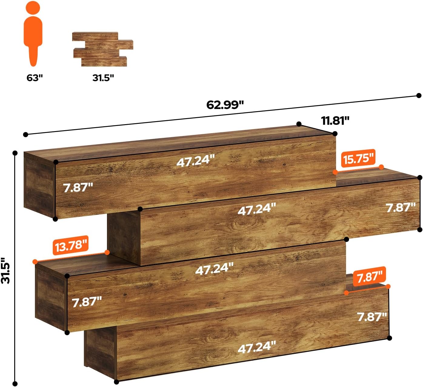 knoworld 63 Inch Farmhouse Console Table with 4 Tier Storage, Rustic Wooden Sofa Table Behind Couch, Unique Staggered Entryway Table for Living Room, Long Hallway Foyer Table, Walnut