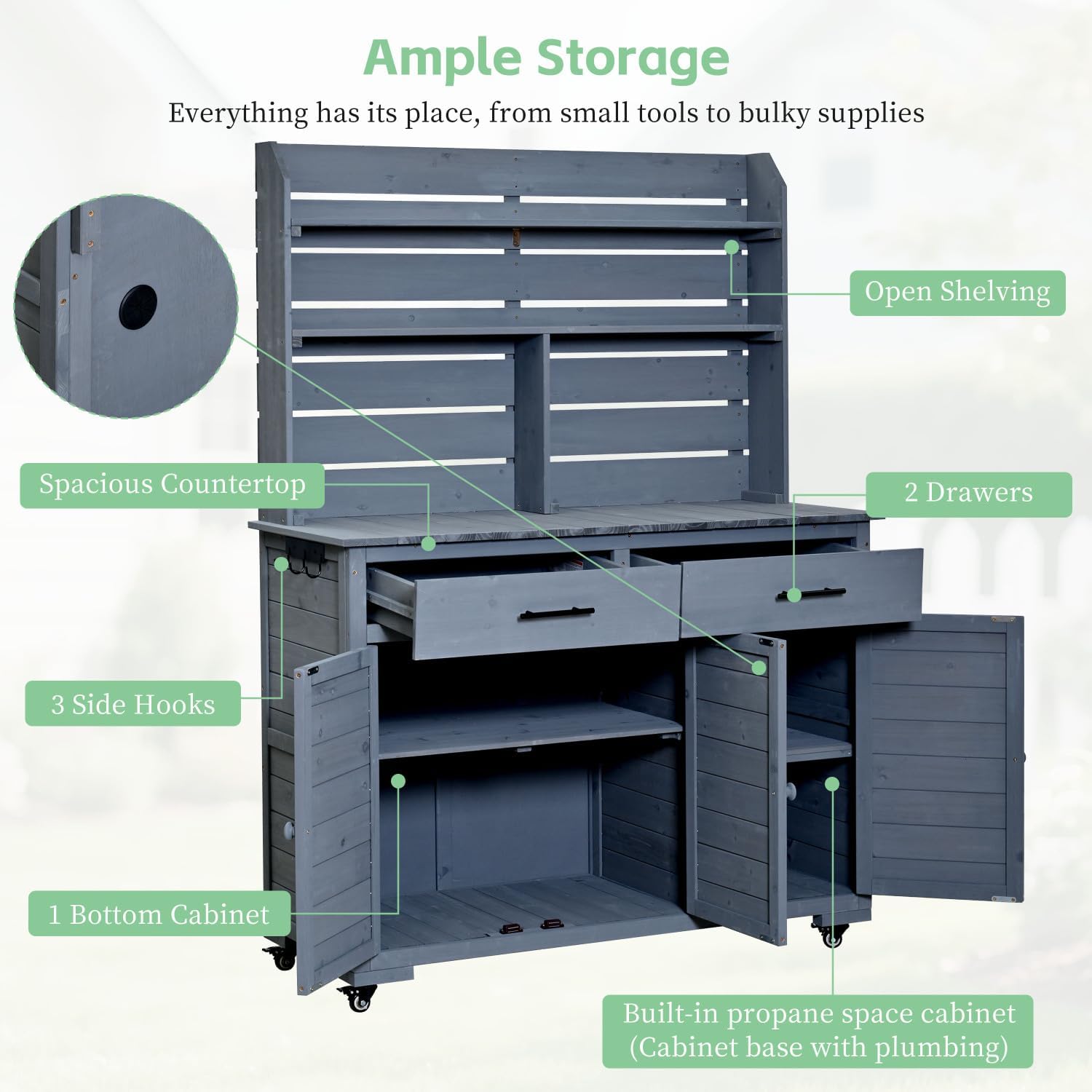 65'H Large Garden Potting Bench with Storage Cabinet, Outdoor Kitchen Island and Grill Cart