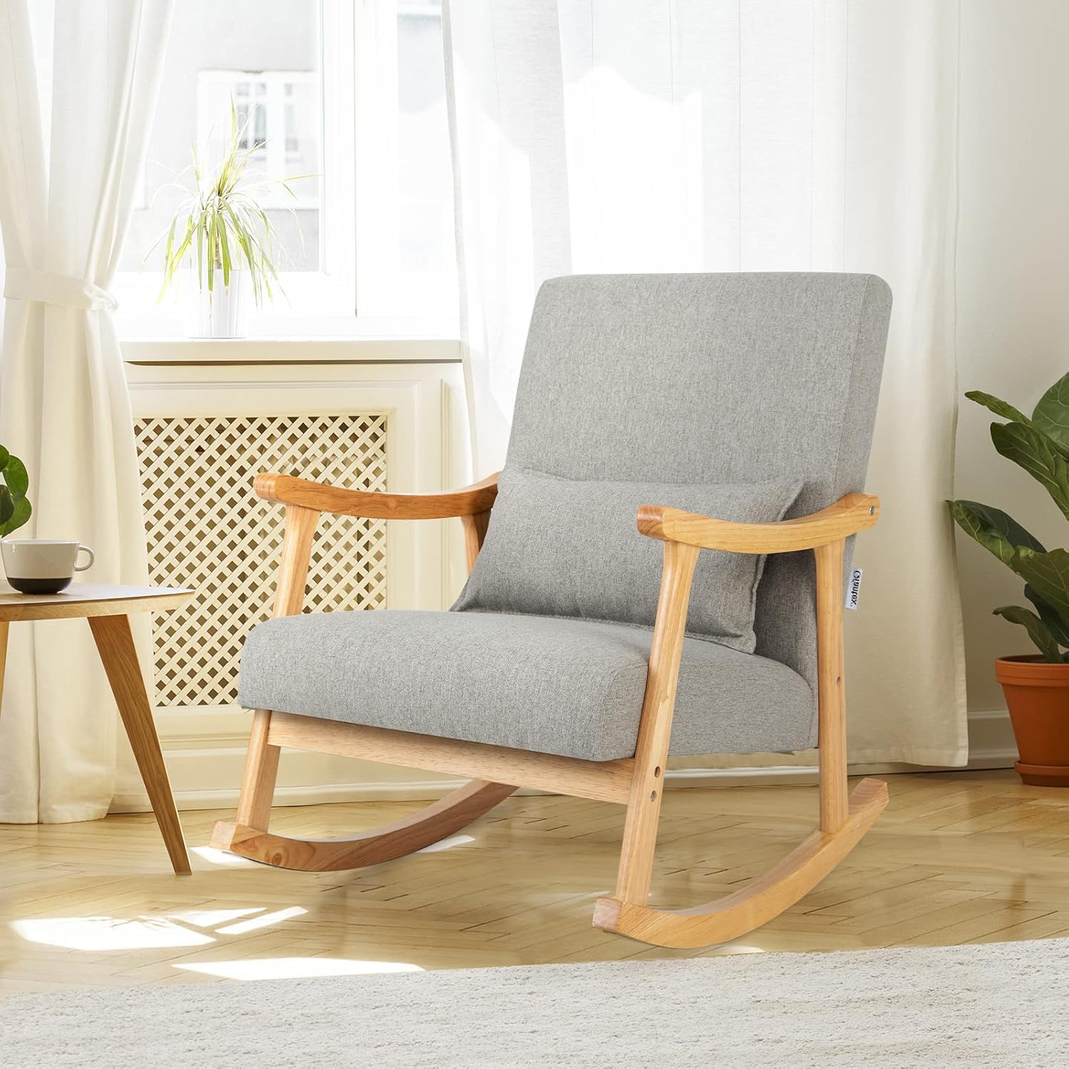 GOFLAME Nursery Rocking Chair Set of 2, Upholstered Rocker Glider Chair with Lumbar Pillow, High Backrest & Padded Seat Cushion, Accent Armchair with Rubber Wood Frame for Living Room, Bedroom, Grey