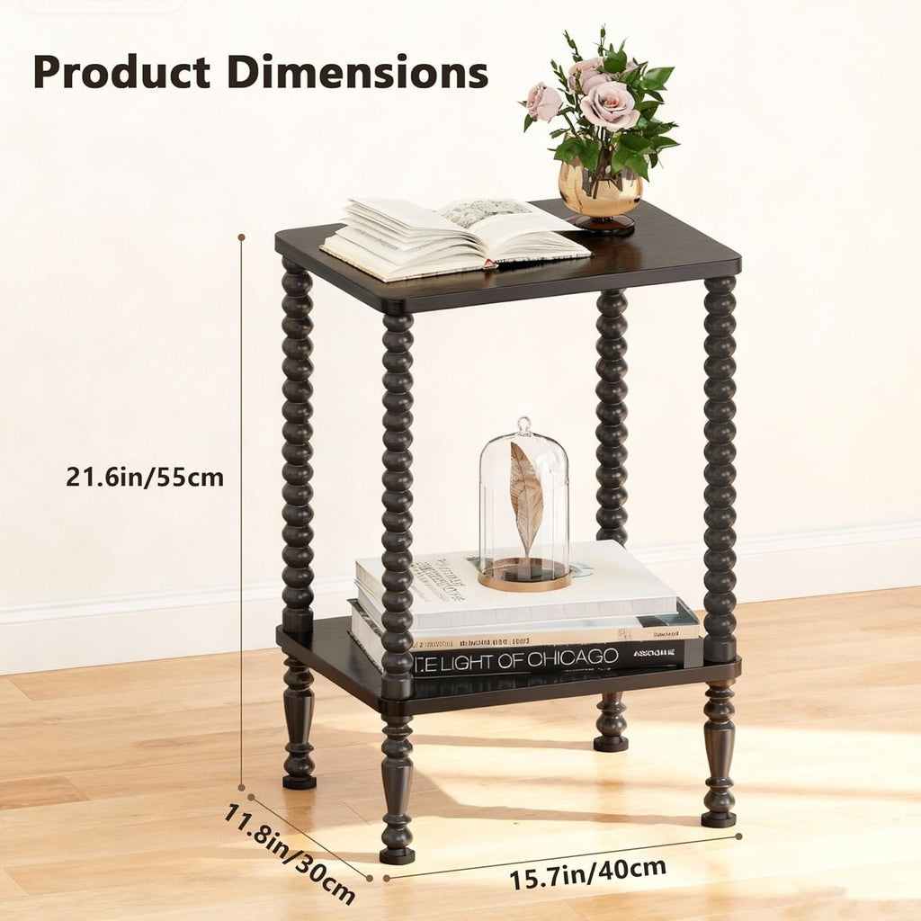 Side Table, 2-Tier Wood End Table, Vintage Bedside Nightstand with Open Storage Shelf for Living Room, Bedroom, Office, Black
