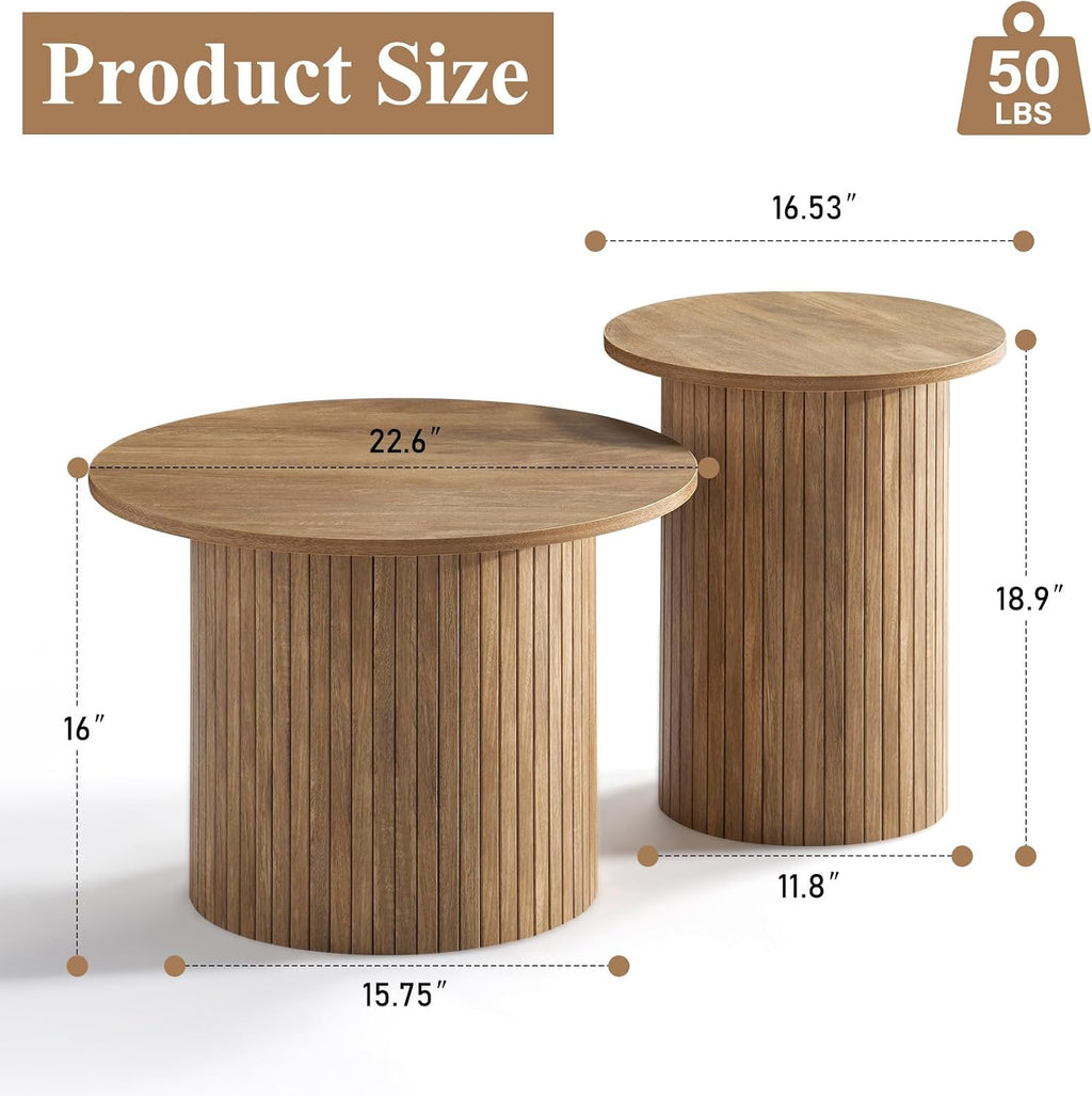 LUXOAK Nesting Coffee Table Set of 2, Mid Century Modern Round Coffee Table, Wood Slat Side Table Set for Living Room, Office, Balcony (Natural Oak)