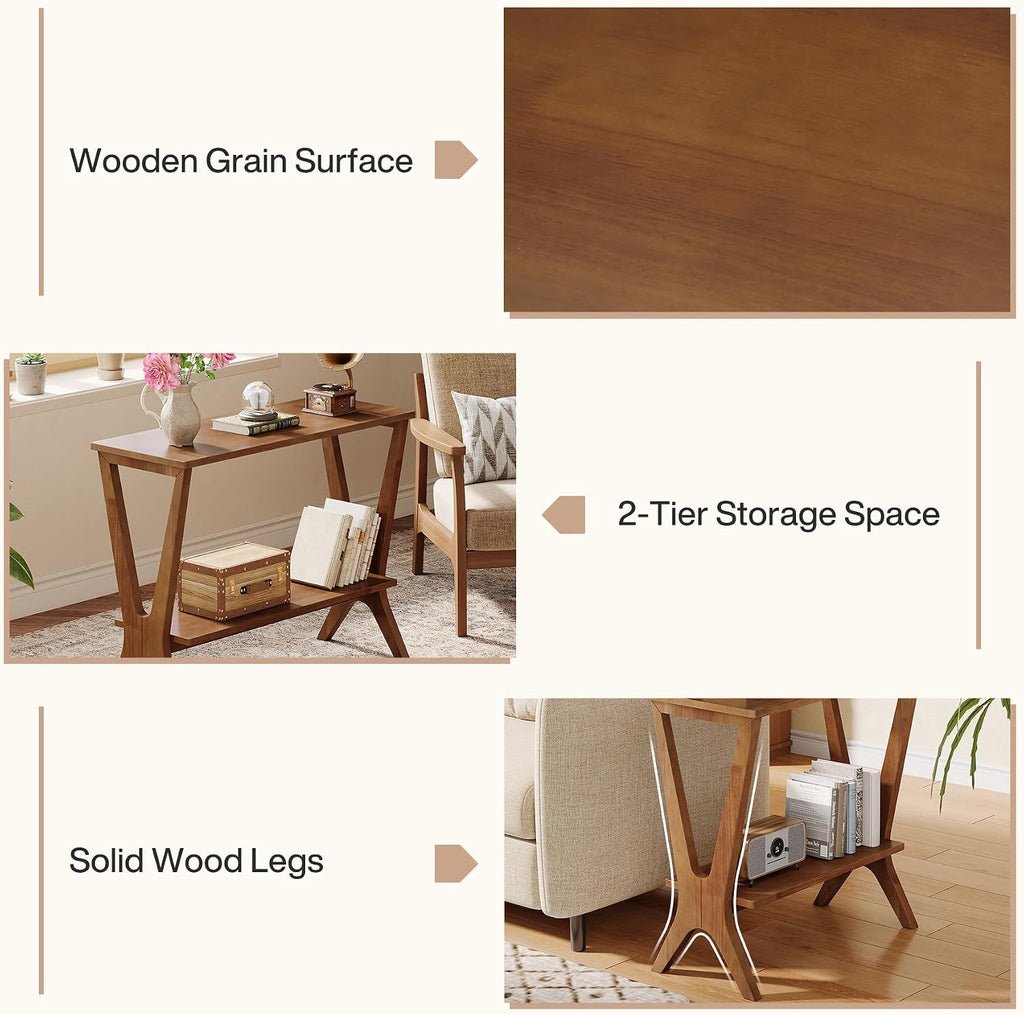 Solid Wood End Table for Living Room, 2-Tier Storage Shelves Sofa Couch Side Table with Sturdy Legs, Wooden Narrow Retro Nightstand for Small Spaces, Bedroom, Apartment