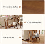 Solid Wood End Table for Living Room, 2-Tier Storage Shelves Sofa Couch Side Table with Sturdy Legs, Wooden Narrow Retro Nightstand for Small Spaces, Bedroom, Apartment