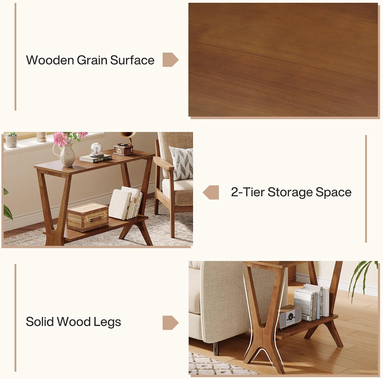 Solid Wood End Table for Living Room, 2-Tier Storage Shelves Sofa Couch Side Table with Sturdy Legs, Wooden Narrow Retro Nightstand for Small Spaces, Bedroom, Apartment