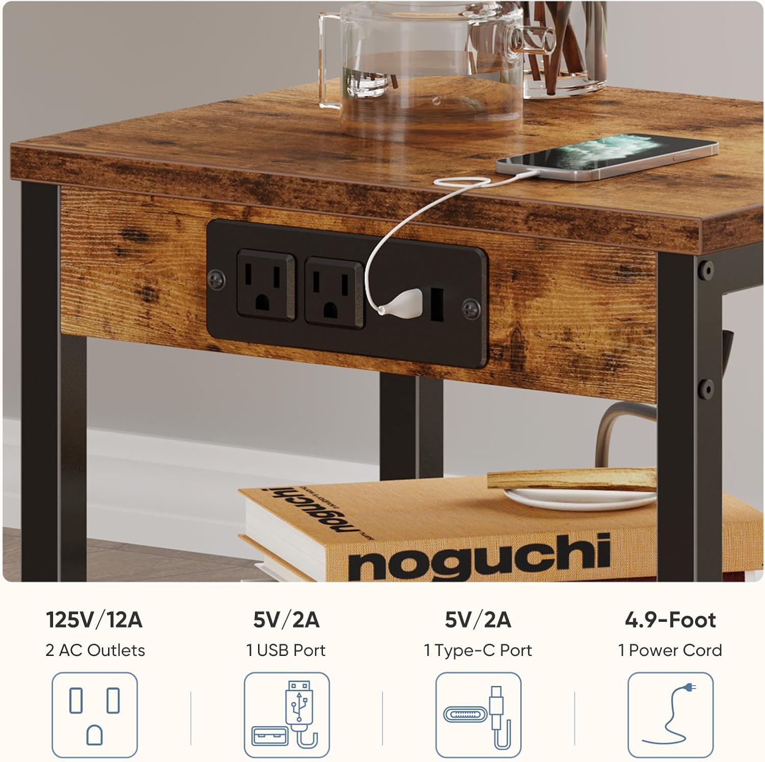 DUMOS 15.7" Small Side Table Set of 2 with Charging Station, End Table with Outlets & USB Ports, 3-Tier Adjustable Nightstand for Living Room, Bedroom, Small Spaces, Record Player Stand, Rustic Brown