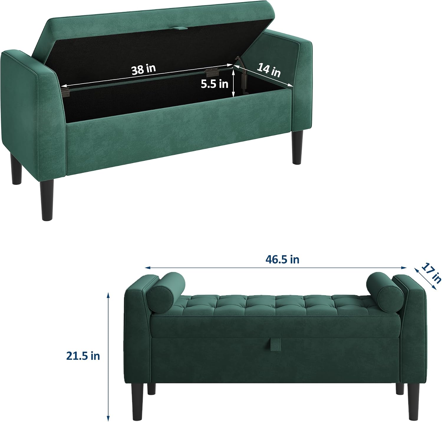 46.5" Storage Ottoman Bench,Entryway Shoe Bench,Upholstered End-of-Bed Storage Chest,Footrest Seat,Storage Stool with Rolled Armrests & Wood Legs for Hallway,Bedroom, Living Room & Cloakroom (Green)